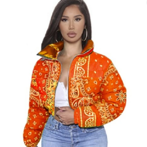 Women's Orange Puff Bandana Jacket | Color: Orange | Size: L | Cljproperties2's Closet